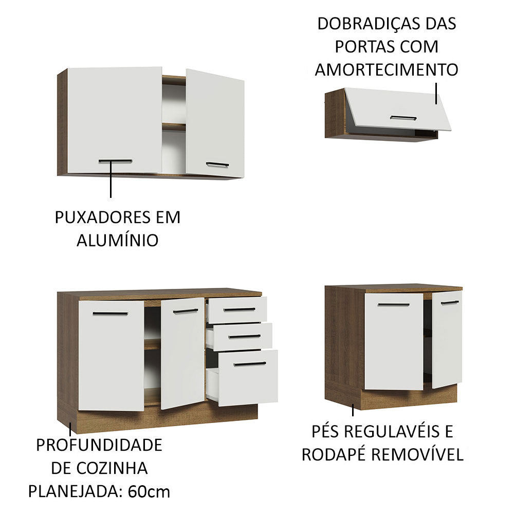 Kit 2 Gabinetes Bajos 2 Gabinetes Superiores 200 cm Marrón/Blanco Agata Madesa