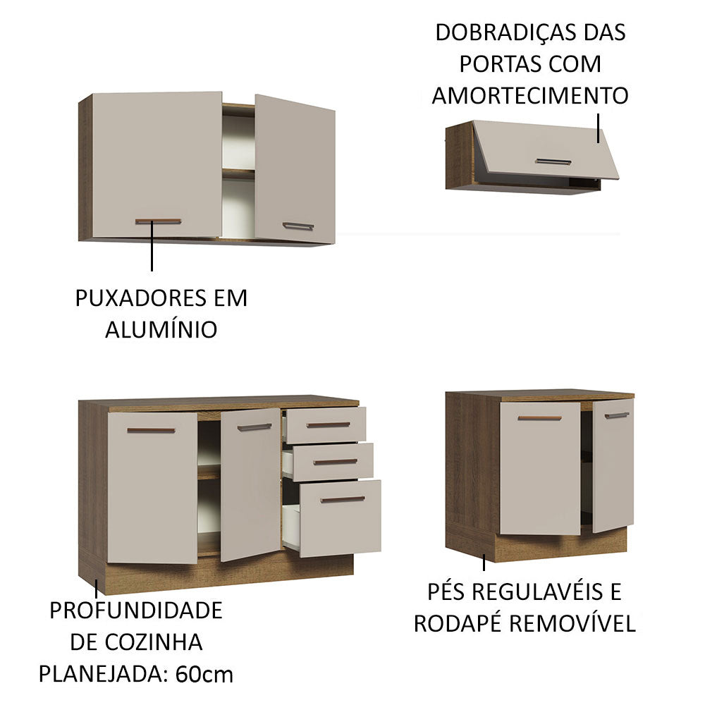 Kit 2 Gabinetes Bajos 2 Gabinetes Superiores 200 cm Marrón/Crema Agata Madesa