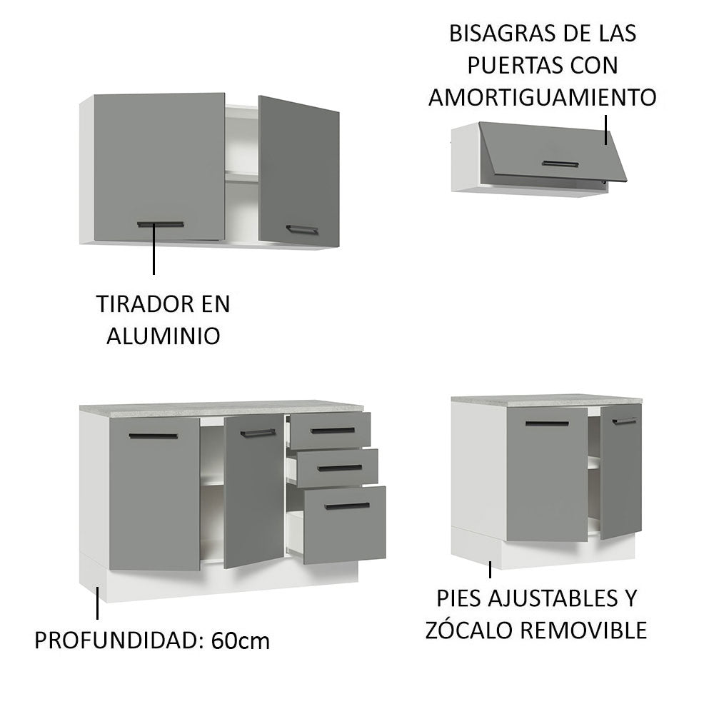 Kit Gabinete Bajo y Gabinete Superior Multiuso 200 cm Blanco/Gris Agata Madesa