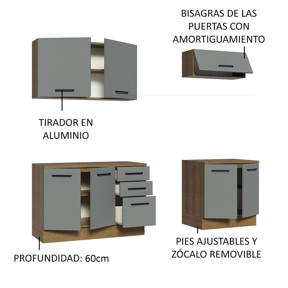 Kit Gabinete Bajo y Gabinete Superior Multiuso 200 cm Marrón/Gris Agata Madesa