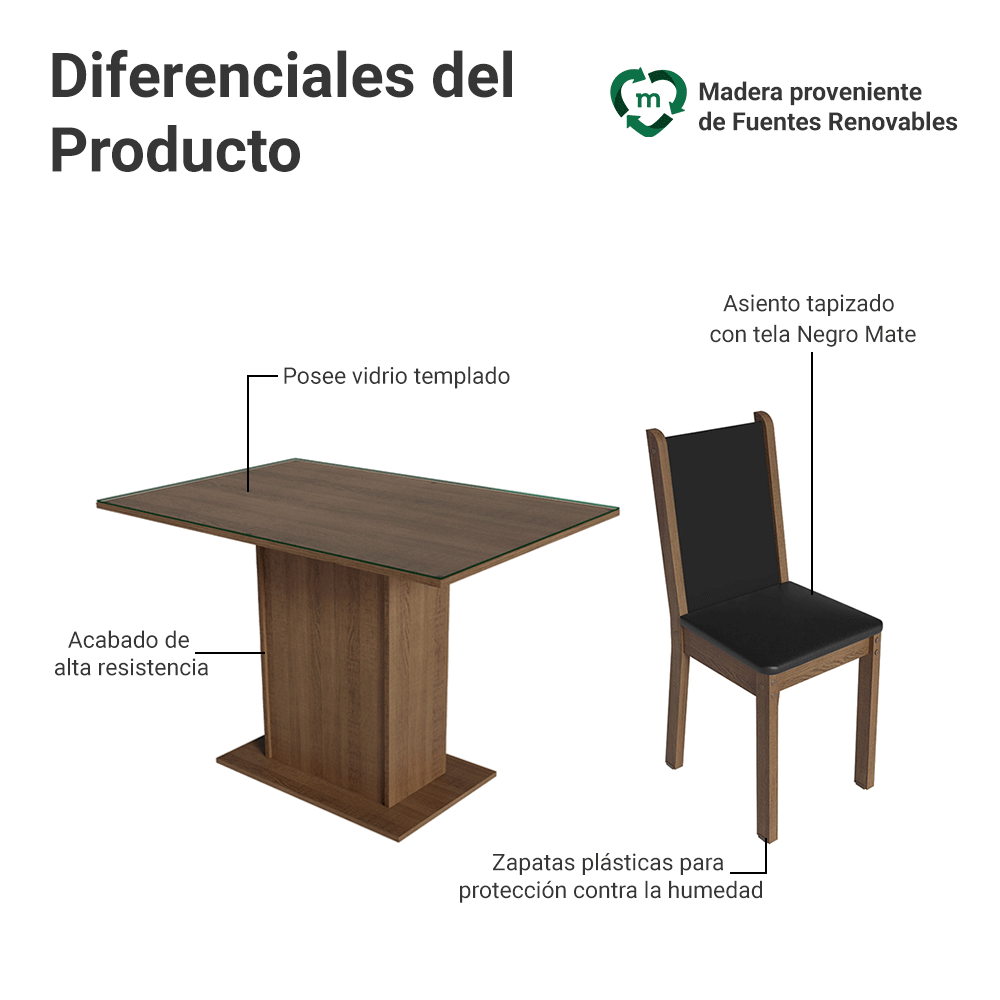 Conjunto de Comedor con Encimera Vidrio 4 Sillas Marrón/Negro Martina Madesa