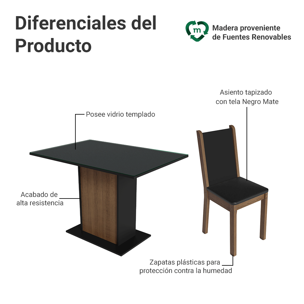 Conjunto de Comedor con Encimera Vidrio 4 Sillas Negro/Marrón Martina Madesa