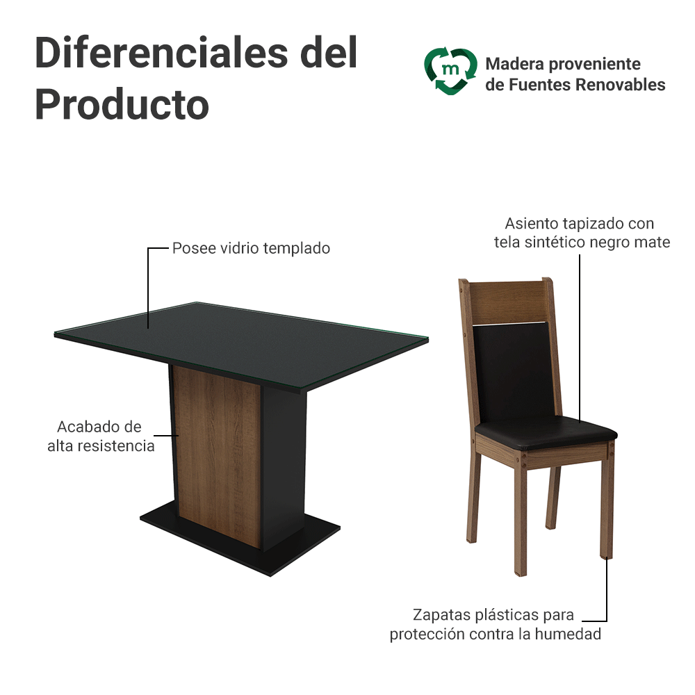 Conjunto de Comedor con Encimera Vidrio 4 Sillas Marrón/Negro Viena Madesa
