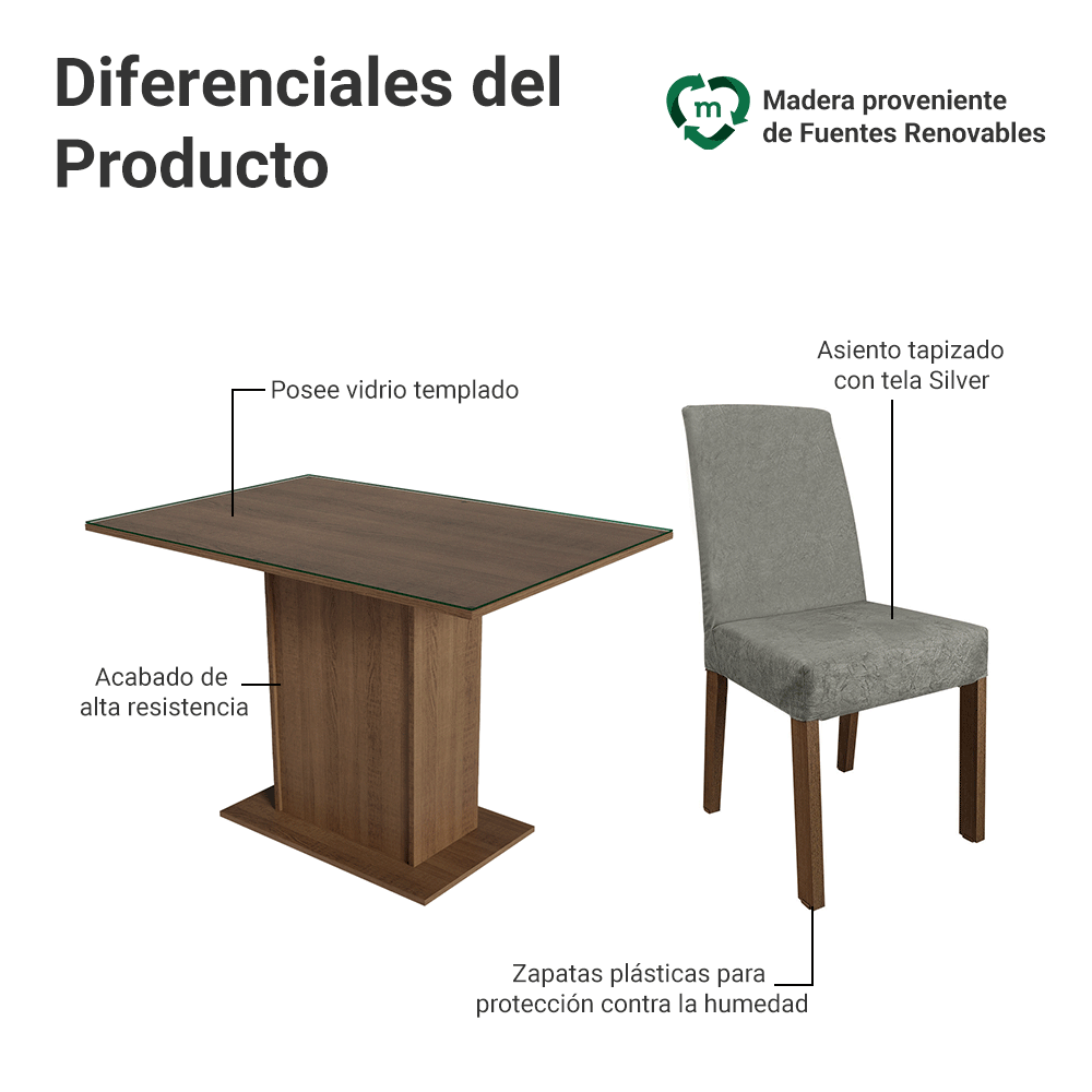 Conjunto de Comedor con Encimera Vidrio 4 Sillas Marrón/Silver Zion Madesa