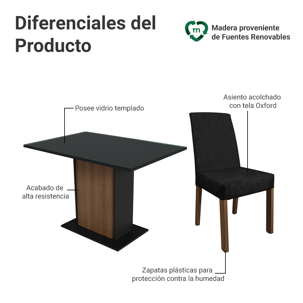 Juego de Comedor Mesa con Encimera de Vidrio 4 Sillas Marrón/Negro/Oxford Zion