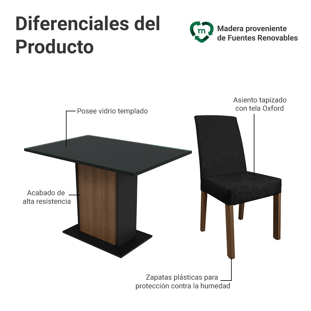 Juego de Comedor Mesa con Encimera de Vidrio 4 Sillas Marrón/Negro/Oxford Zion
