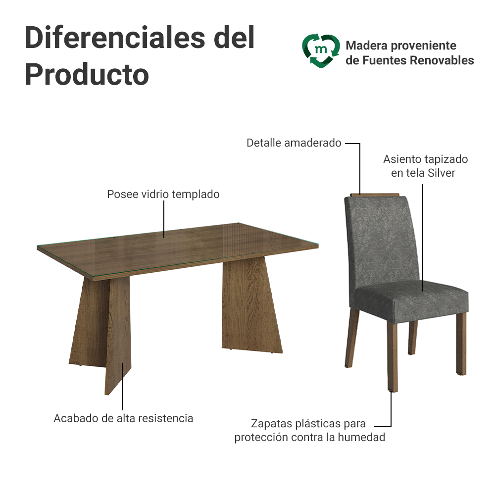 Conjunto de Comedor Encimera de Vidrio 4 Sillas Marrón/Silver Braga Madesa