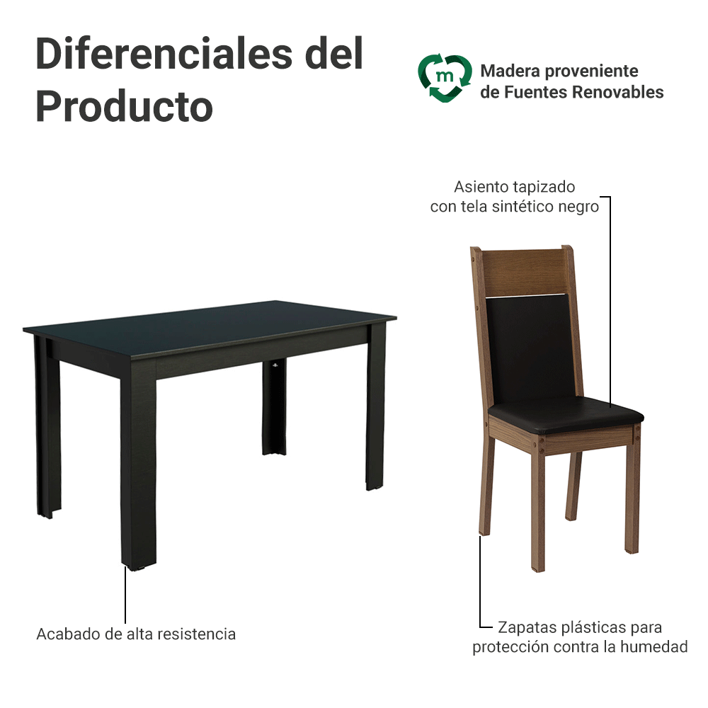 Conjunto de Comedor 6 Sillas Negro/Marrón/Sintético Medelin Madesa
