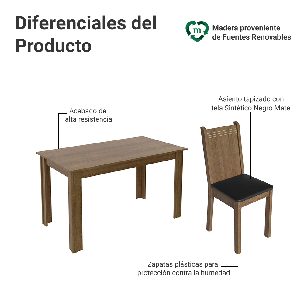 Juego de Comedor Analu Mesa con Encimera de Madera y 6 Sillas Marrón/Negro