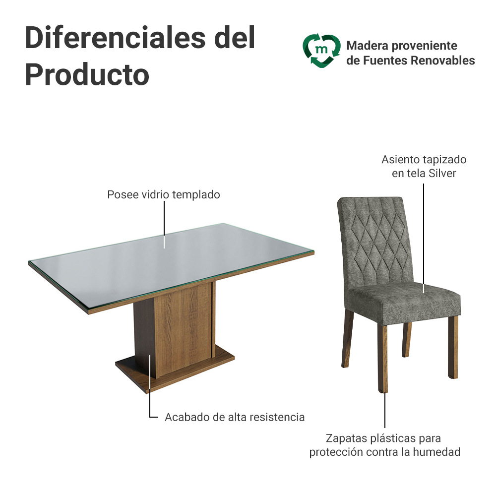 Juego de Comedor Mesa con Encimera de Vidrio 6 Sillas Marrón/Gris/Silver Geórgia