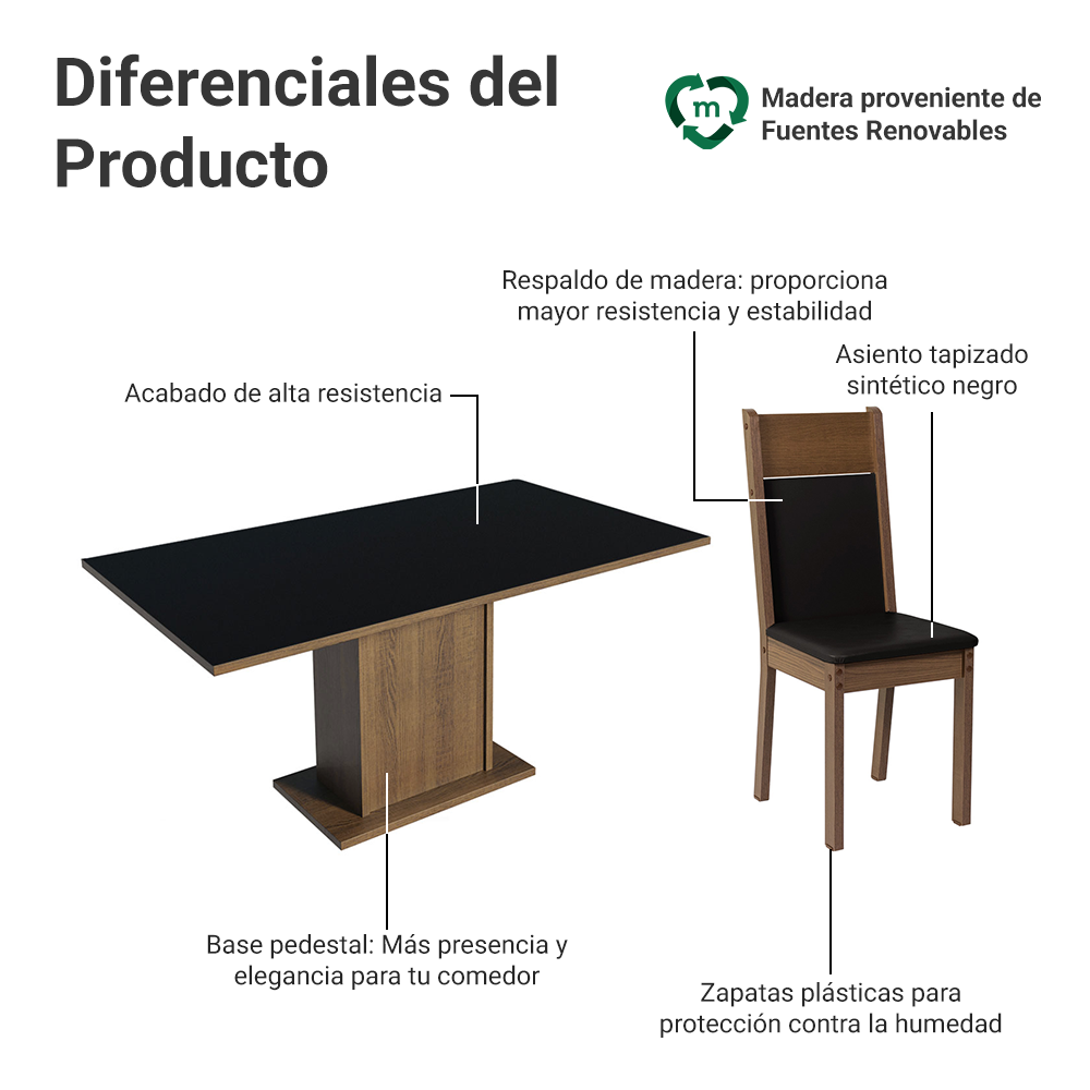 Juego de Comedor Mesa con Encimera de Madera 6 Sillas Negro/Marrón Augusta