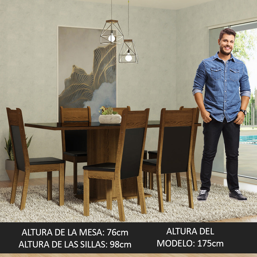 Juego de Comedor Mesa con Encimera de Vidrio 6 Sillas Negro/Marrón Francine