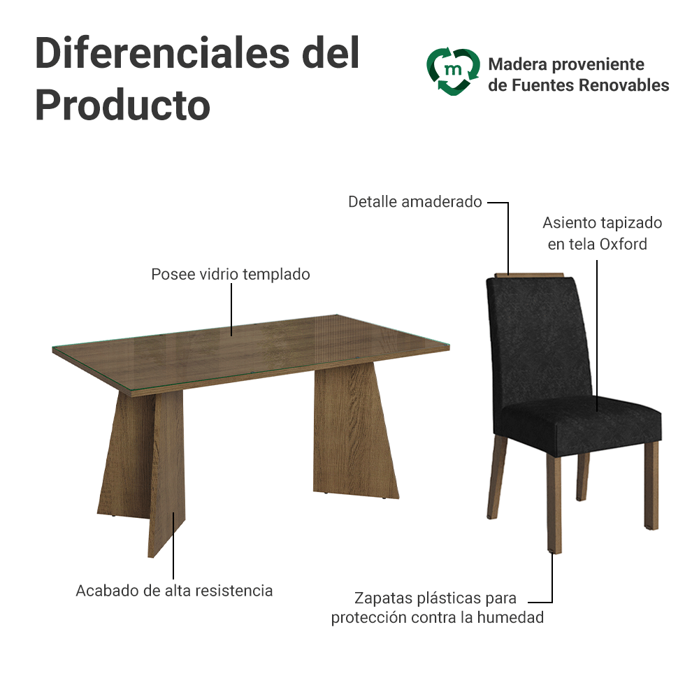 Conjunto de Comedor Encimera de Vidrio 6 Sillas Marrón/Oxford Madrid Madesa
