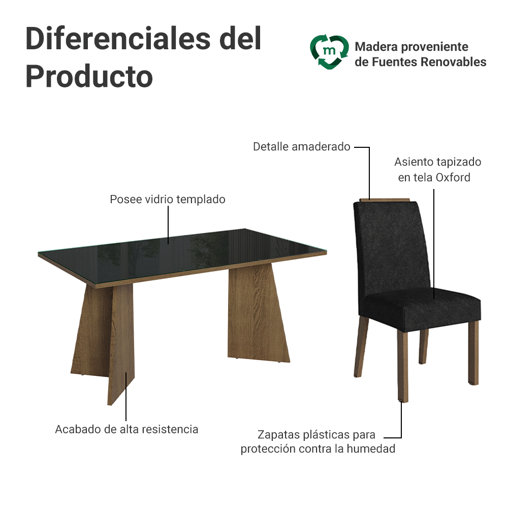 Conjunto de Comedor Encimera de Vidrio 6 Sillas Marrón/Negro/Oxford Madrid Madesa