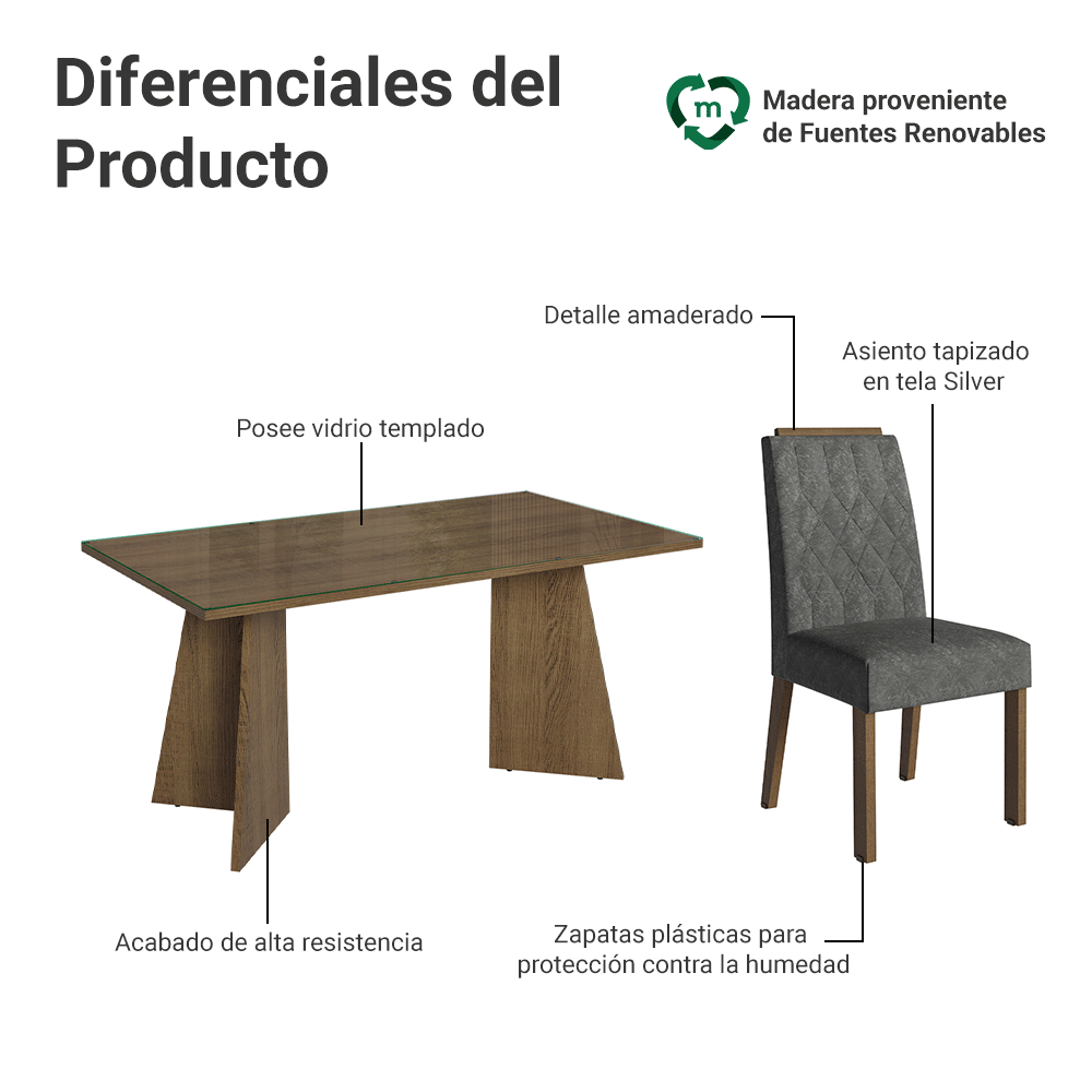 Conjunto de Comedor Encimera de Vidrio 6 Sillas Marrón/Silver Sintra Madesa