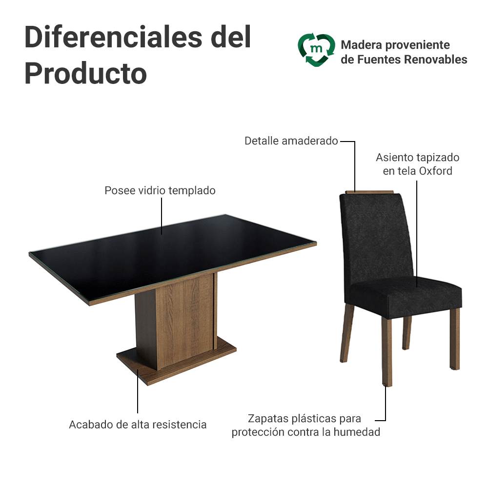 Conjunto de Comedor Encimera de Vidrio 6 Sillas Marrón/Negro/Oxford Dália Madesa