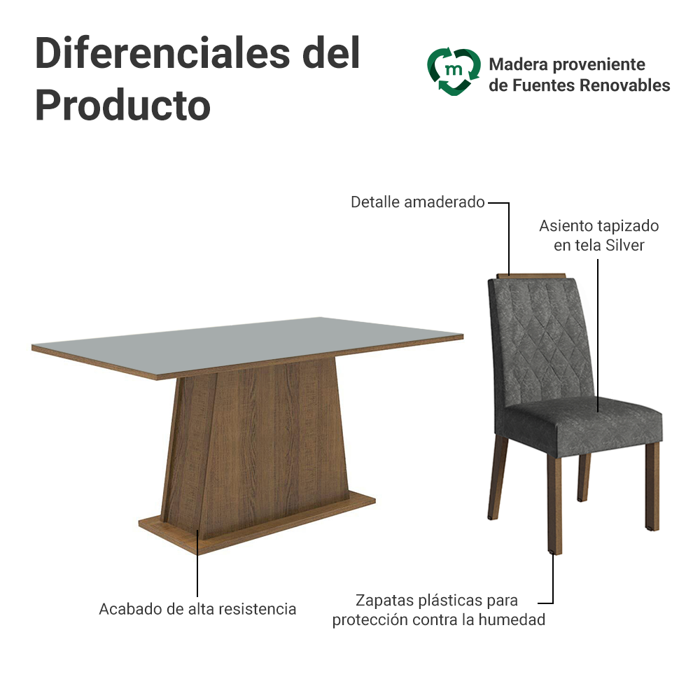 Conjunto de Comedor Encimera de Madera 6 Sillas Marrón/Gris/Silver Cedro Madesa