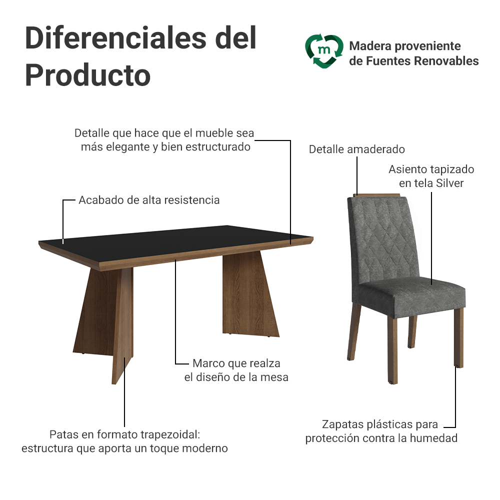 Conjunto de Comedor 6 Sillas Marrón/Negro/Silver Sarlat Madesa