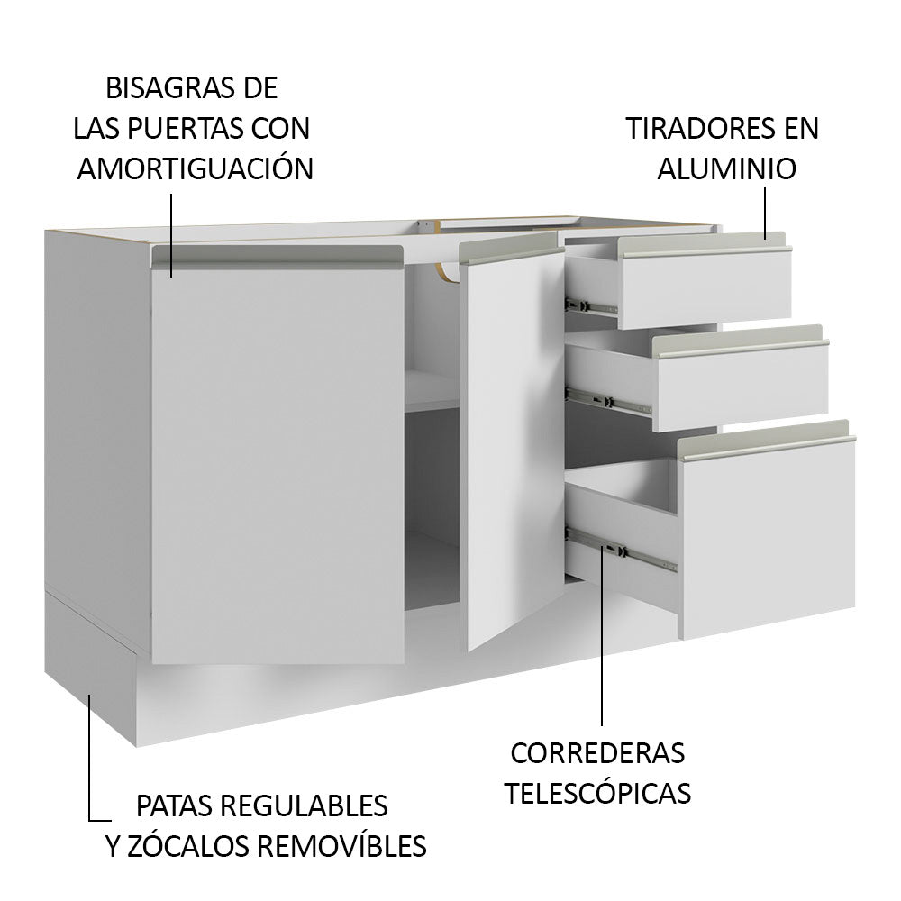 Gabinete para Baño de 120cm 2 Puertas y 3 Cajones Blanco