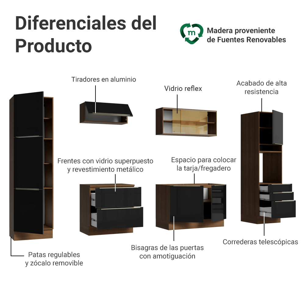 Cocina Integral 320 x 60 cm 9 Puertas 5 Cajones Con Mueble para Horno Marrón/Negro Lux Madesa 01