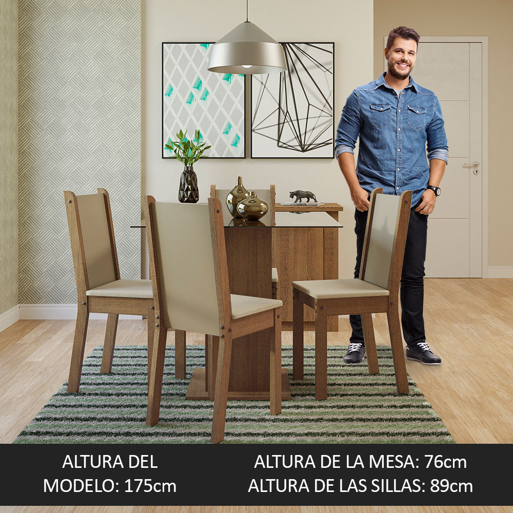 Juego de Comedor Mesa con Encimera de Vidrio y 4 Sillas Marrón/Crema/Beige Aline