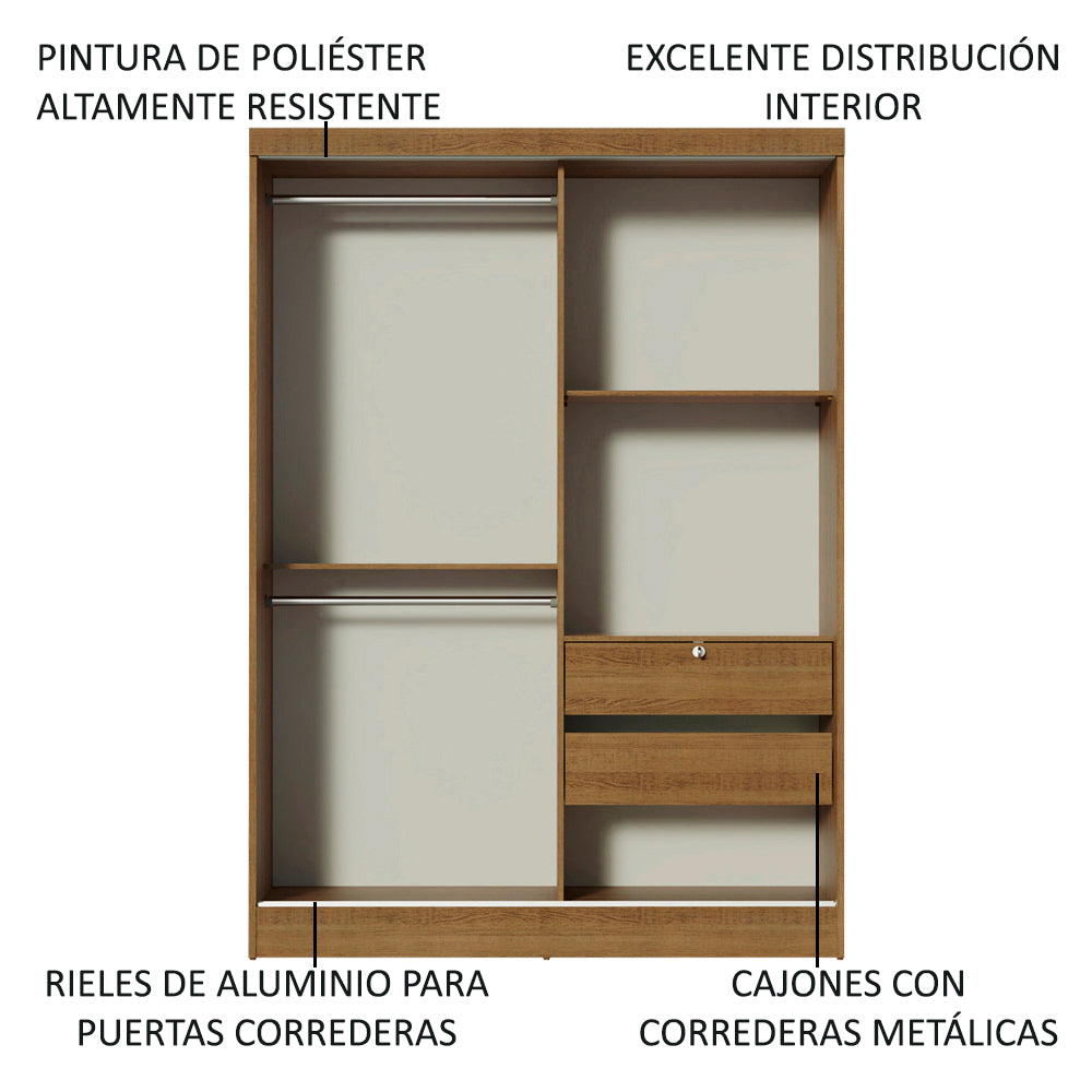 Clóset Soltero 119 cm 2 Puertas Corredizas Con 2 Espejos Marrón Luke Madesa