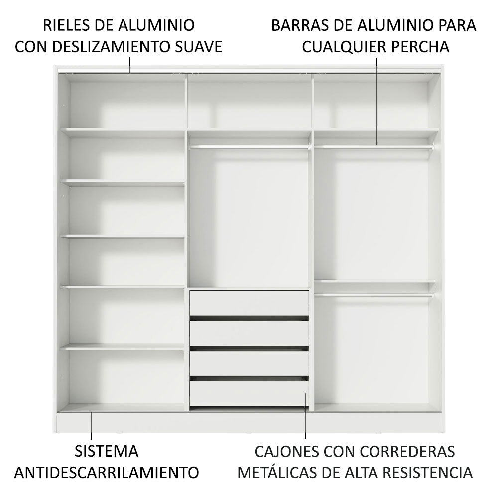 Clóset Matrimonial 100% MDF con Espejo Royale 3 Puertas Correderas Blanco