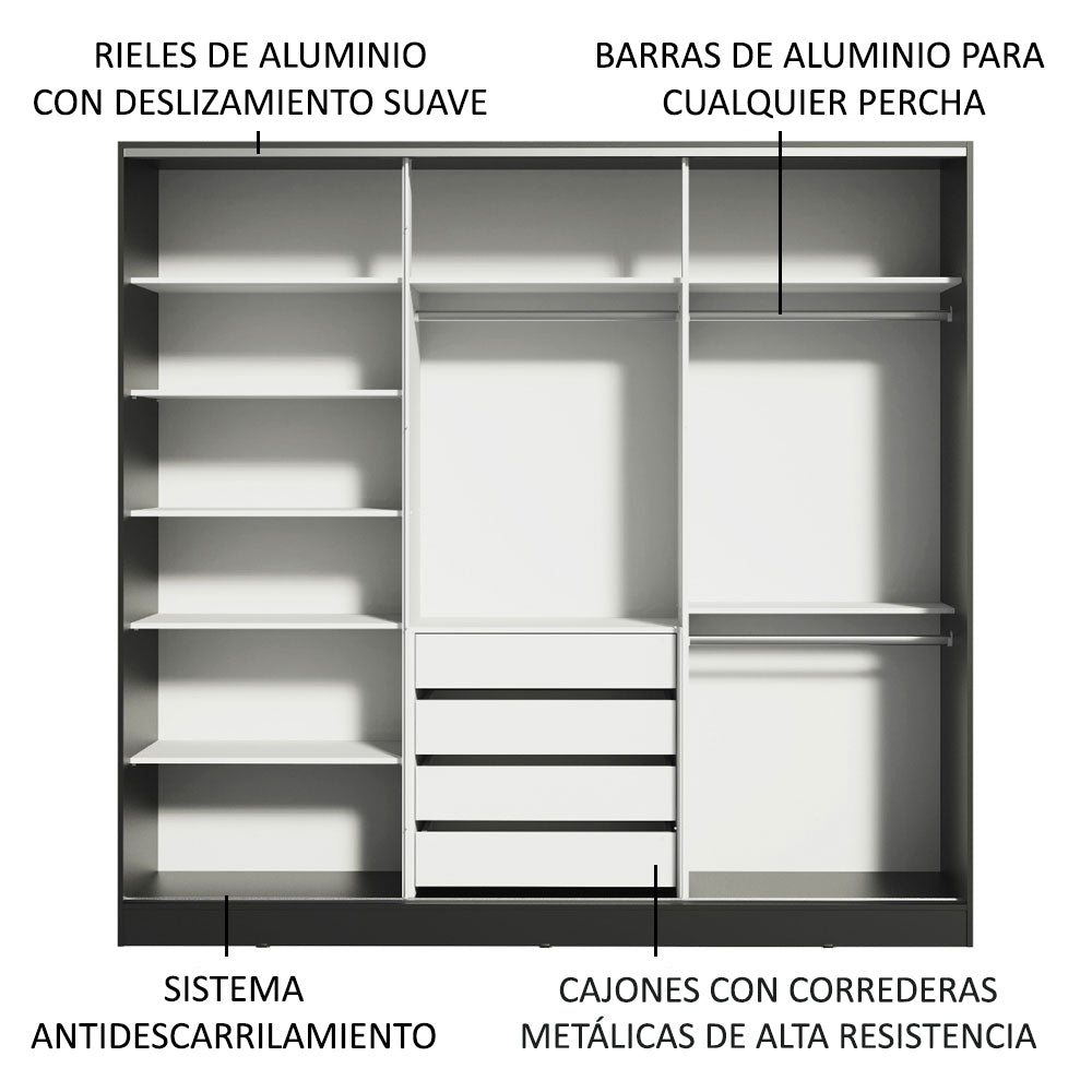 Clóset Matrimonial 231 cm 3 Puertas Corredizas Con 2 Espejos 100% MDF Negro/Blanco Royale Madesa