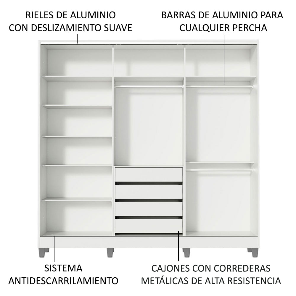 Clóset Matrimonial 231 cm 3 Puertas Corredizas Con 1 Espejo 100% MDF Blanco/Marrón Royale Madesa