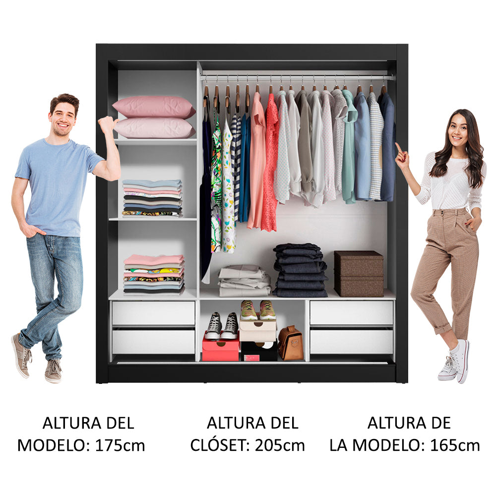 Clóset Matrimonial Lyon Plus 3 Puertas Correderas 4 Cajones Negro/Blanco