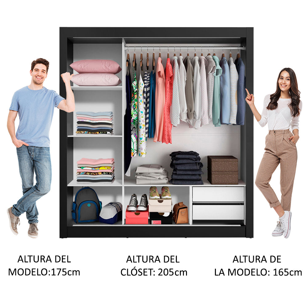 Clóset Matrimonial Lyon 3 Puertas Correderas con Espejo 2 Cajones Negro