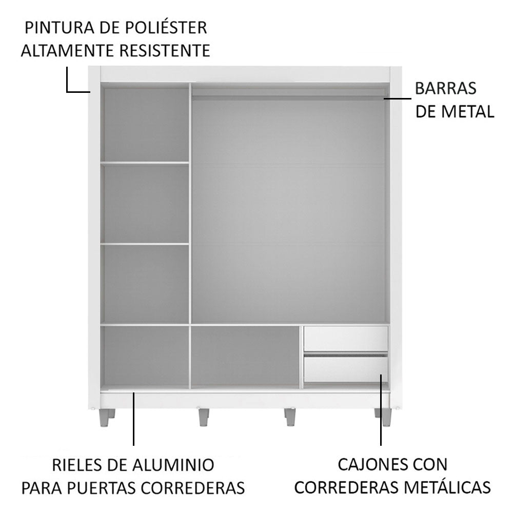Clóset Matrimonial Lyon 3 Puertas Correderas con Espejos 2 Cajones con Patas Blanco/Marrón