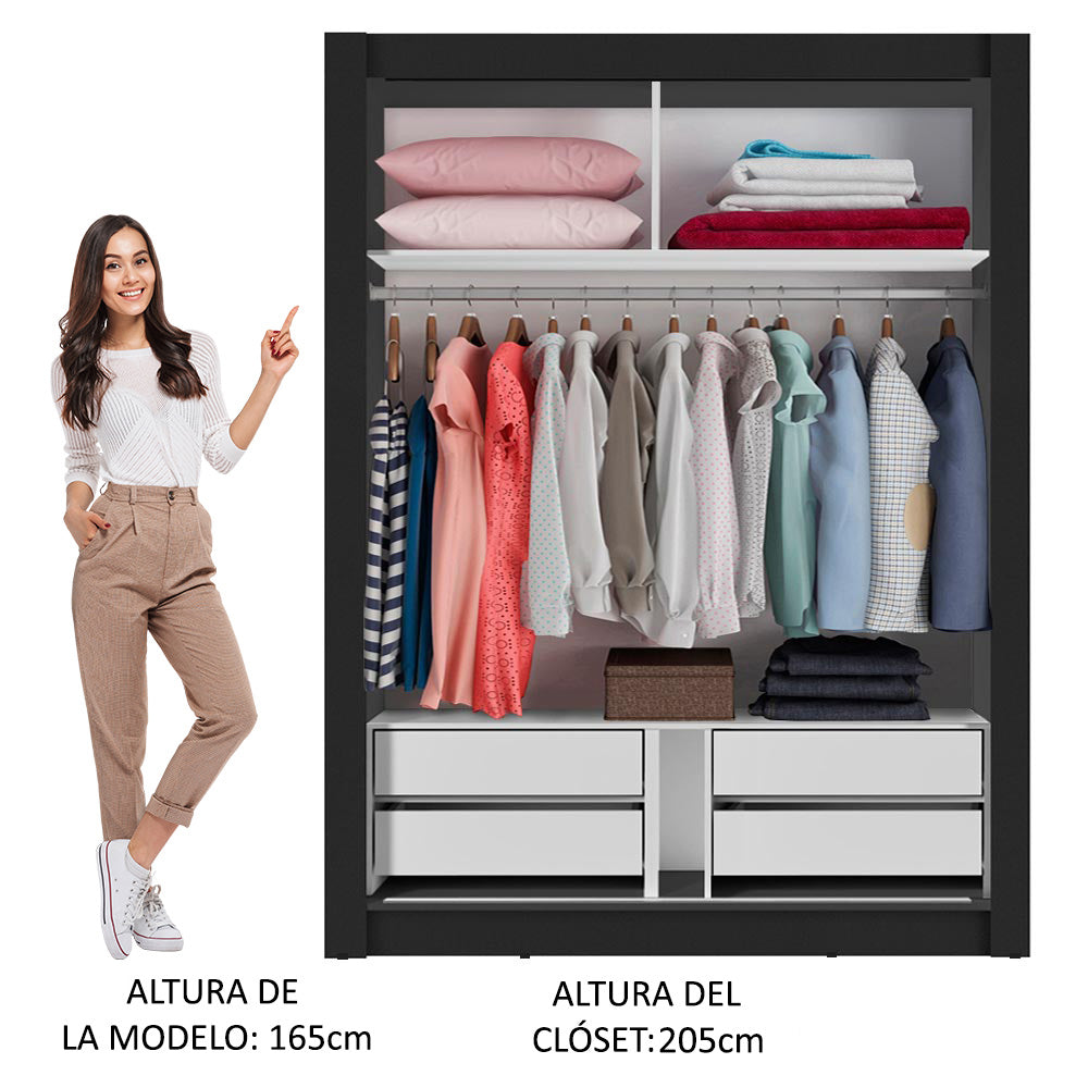 Clóset Soltero Dallas Plus 2 Puertas Correderas de Espejo 4 Cajones Negro