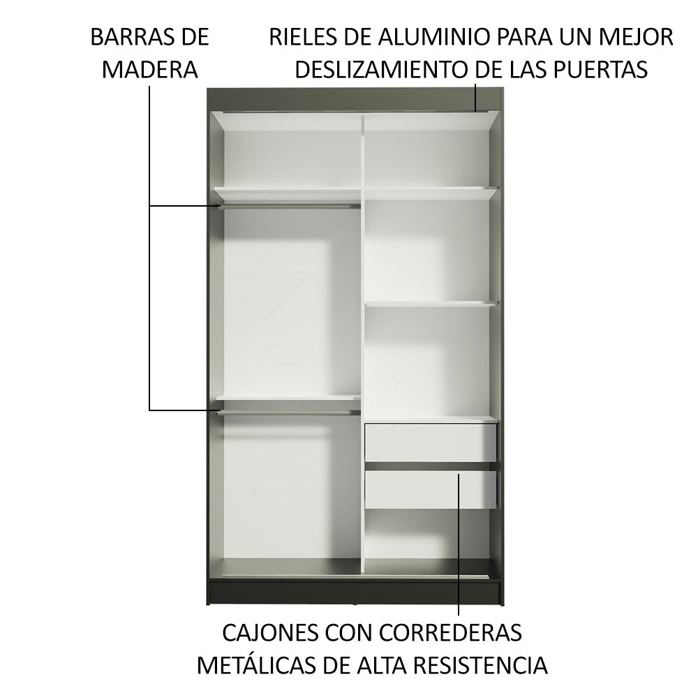 Clóset Soltero Tokio 2 Puertas Correderas con Espejo 2 Cajones Negro/Marrón