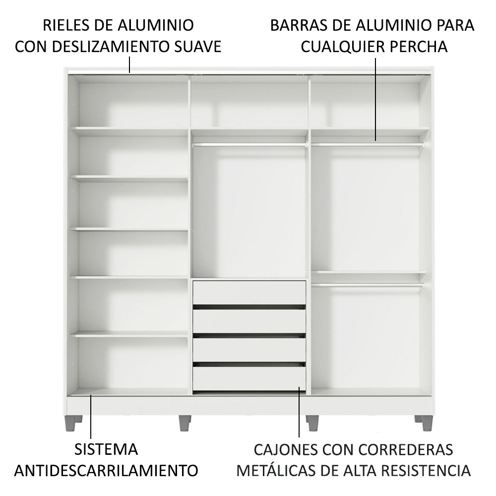 Clóset Matrimonial 100% MDF 3 Puertas Corredizas con Espejos Blanco con Patas Eros
