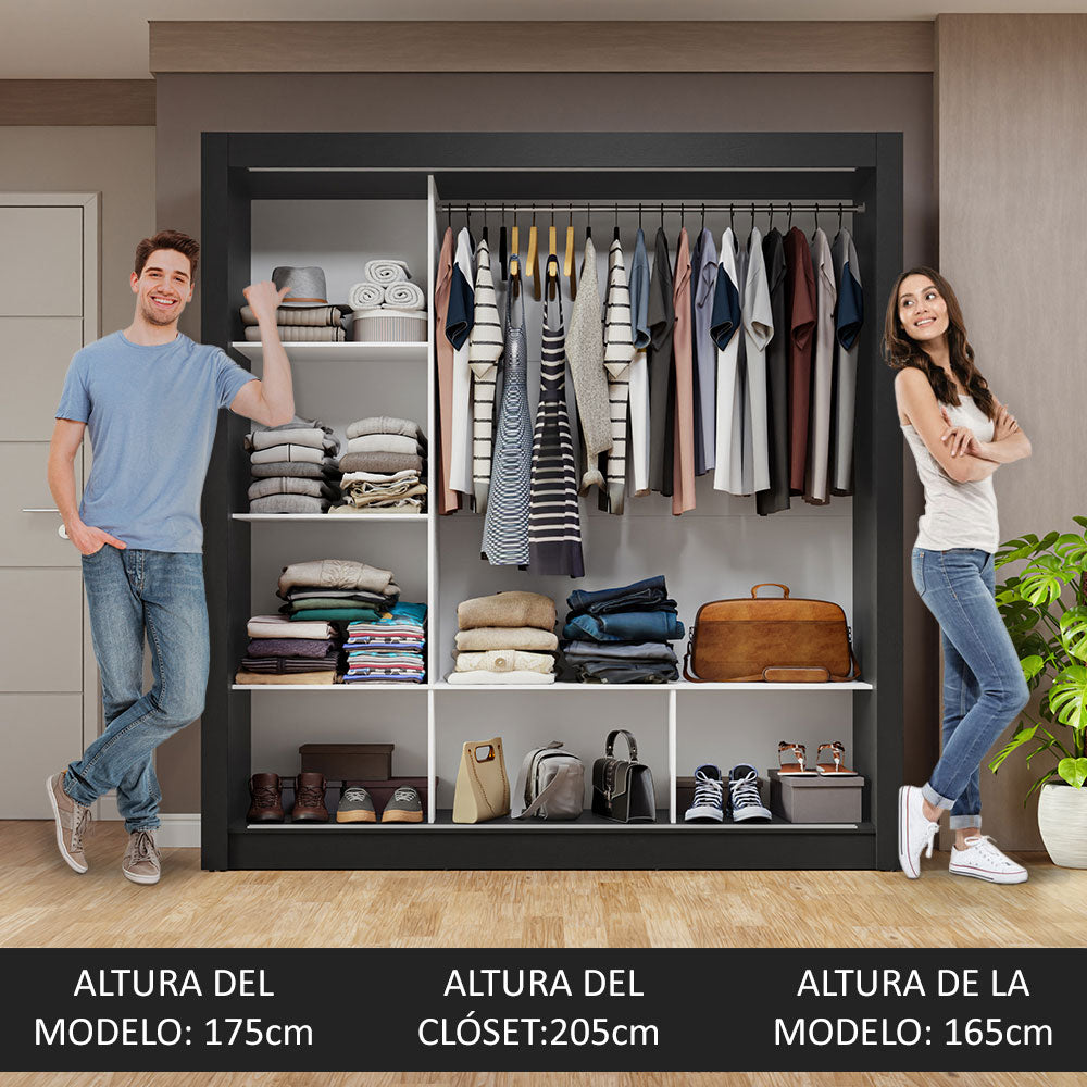 Clóset Matrimonial 170 cm 3 Puertas Corredizas Con 1 Espejo Negro/Marrón Nobre Madesa
