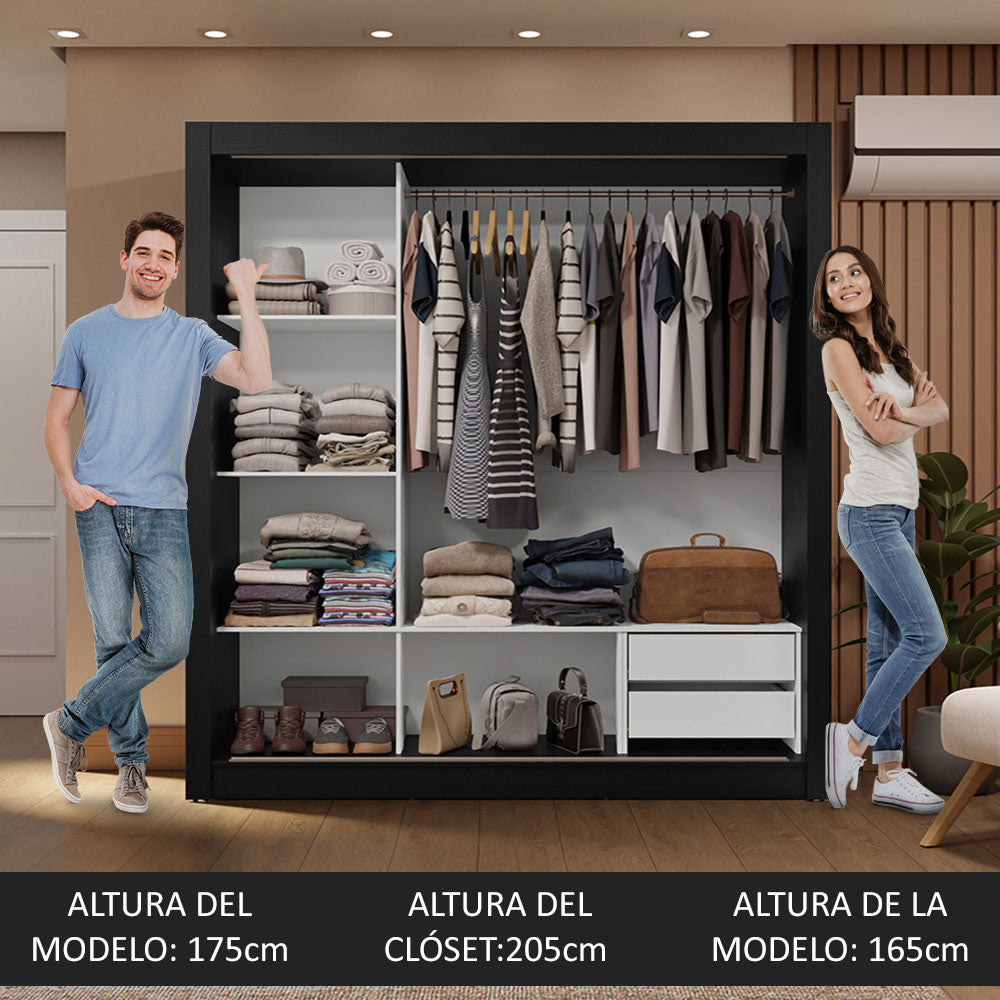 Clóset Matrimonial 170 cm 3 Puertas Corredizas 2 Cajones Negro/Gris Sublime Madesa
