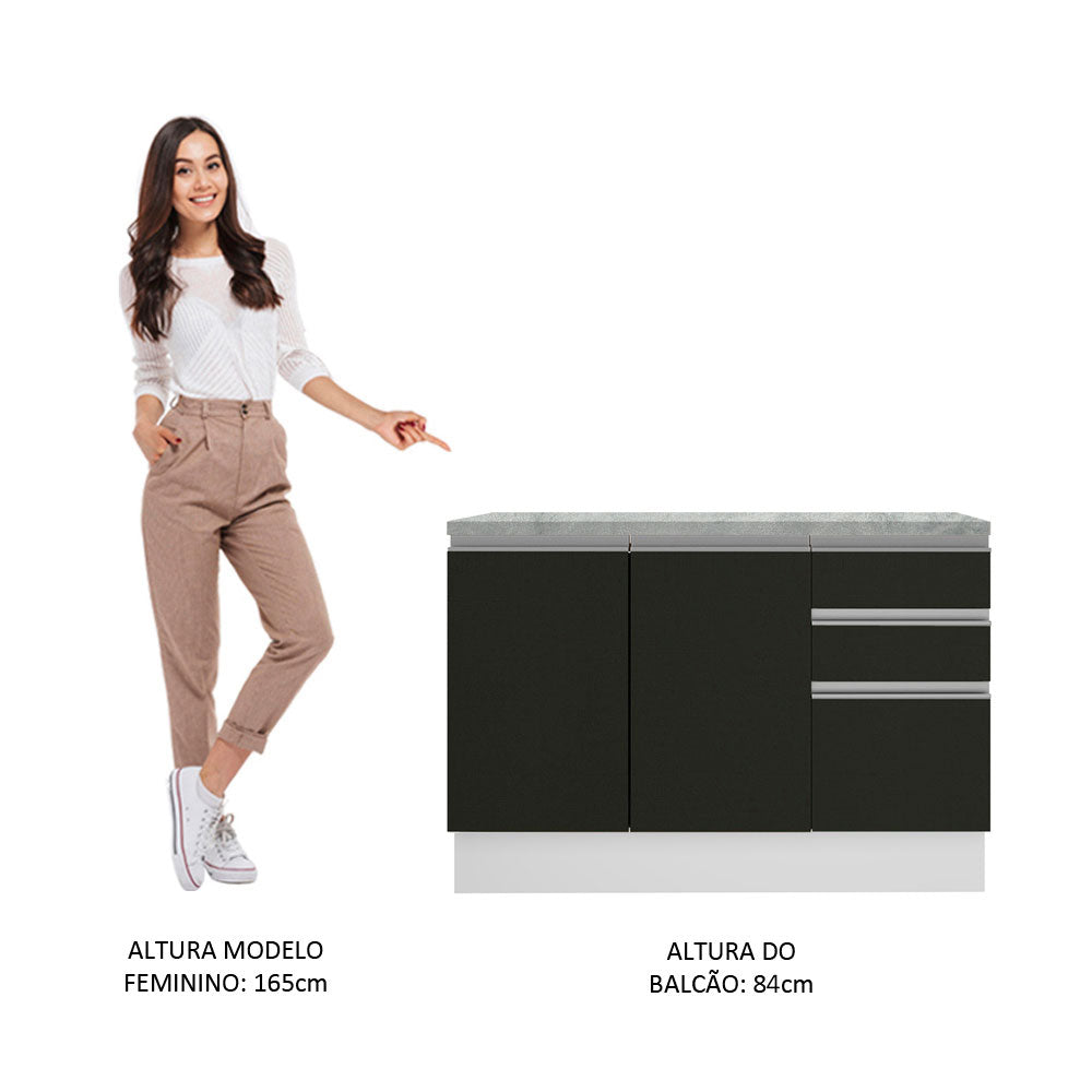 Gabinete Bajo para Tarja 120 x 60 cm 2 Puerta 3 Cajones (Con Encimera) Glamy Blanco/Negro