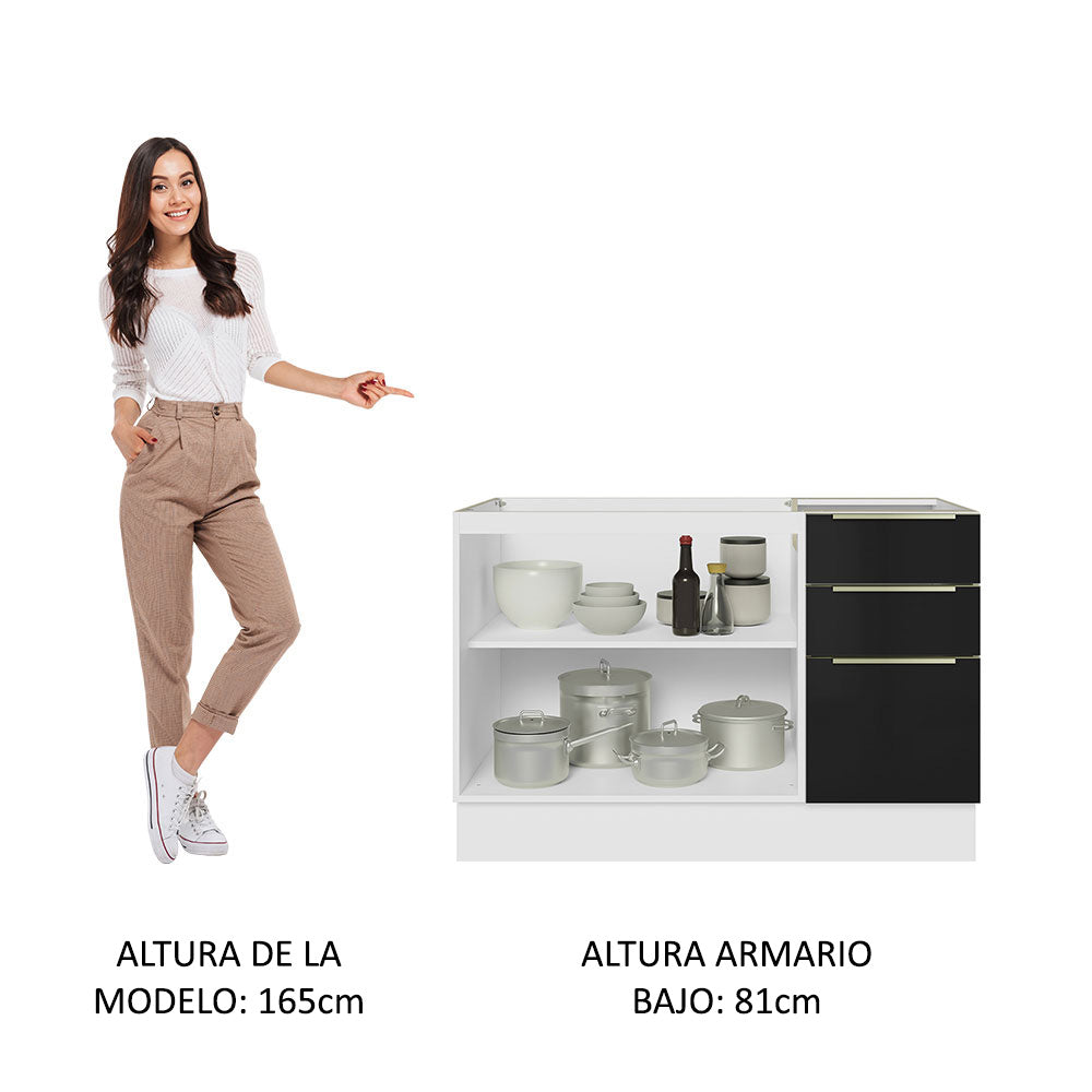 Gabinete Bajo para Fregadero con Accesorios de Cocina 120 cm 2 Puertas 3 Cajones Blanco/Negro Lux Madesa
