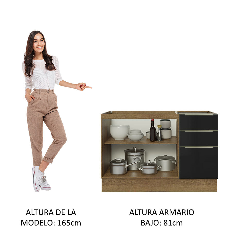 Gabinete Bajo para Fregadero con Accesorios de Cocina 120 cm 2 Puertas 3 Cajones Marrón/Negro Lux Madesa