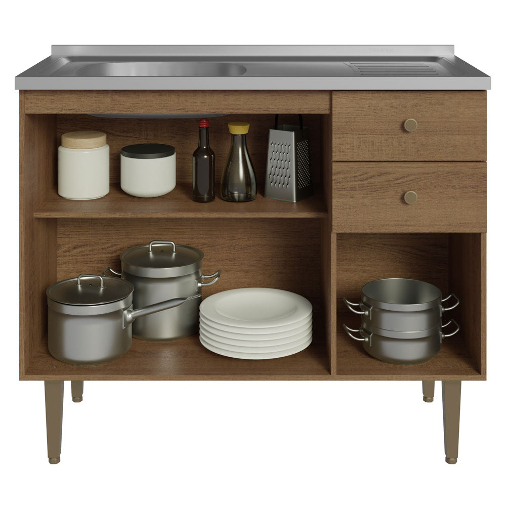 Gabinete Bajo 105 cm 3 Puertas 2 Cajones con Fregadero Marrón Gourmet Madesa