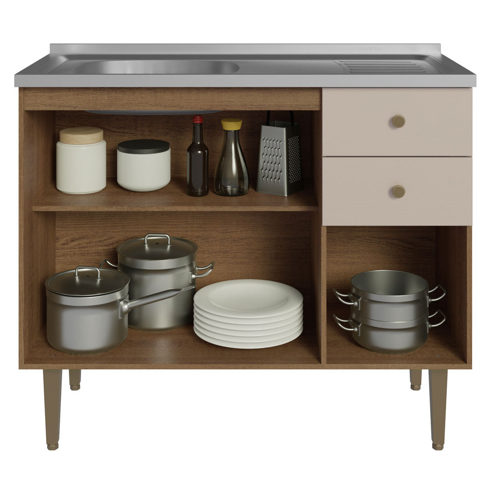 Gabinete Bajo 105 cm 3 Puertas 2 Cajones con Fregadero Marrón/Crema Gourmet Madesa