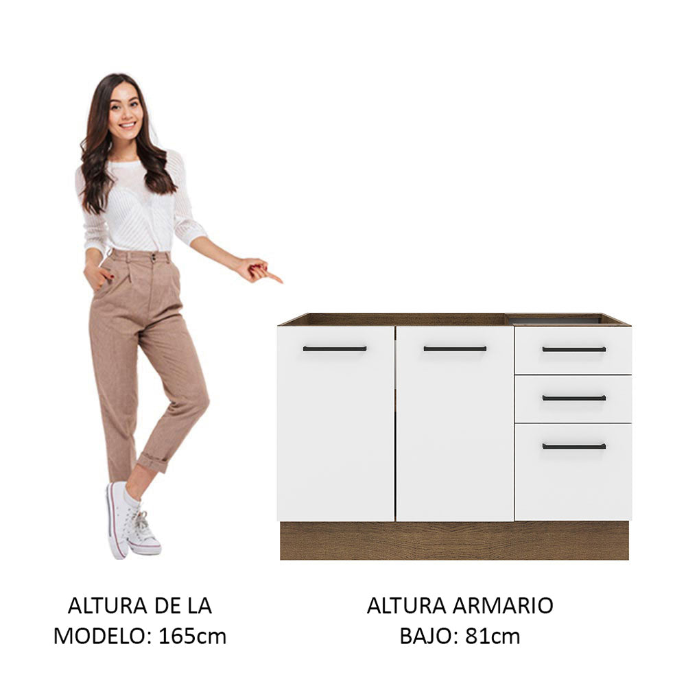 Mueble de Cocina para Fregadero 120 cm 2 Puertas y 3 Cajones (Con Encimera) Marrón/Blanco Agata