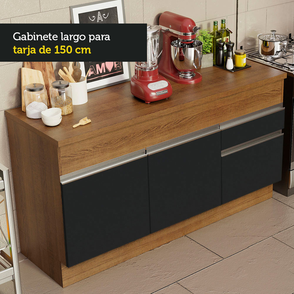 Gabinete Bajo para Fregadero 150 cm 2 Puertas y 2 Cajones (Con Encimera) Glamy Marrón/Negro