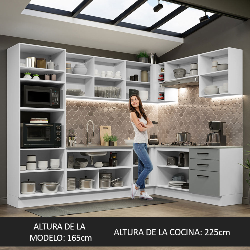 Cocina Integral Esquinera 479 x 52 cm 13 Puertas 3 Cajones Blanco/Gris Agata