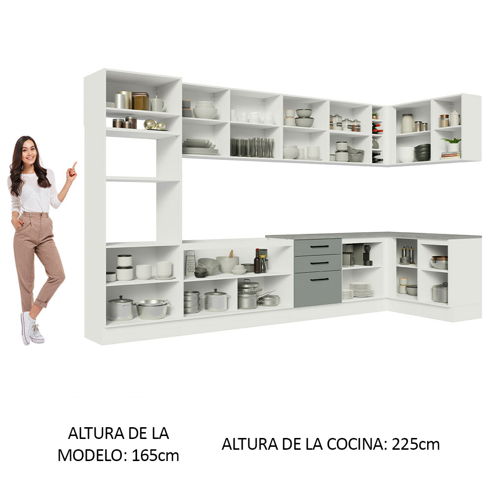 Cocina Integral Esquinera 479 x 52 cm 14 Puertas 3 Cajones Blanco/Gris Agata