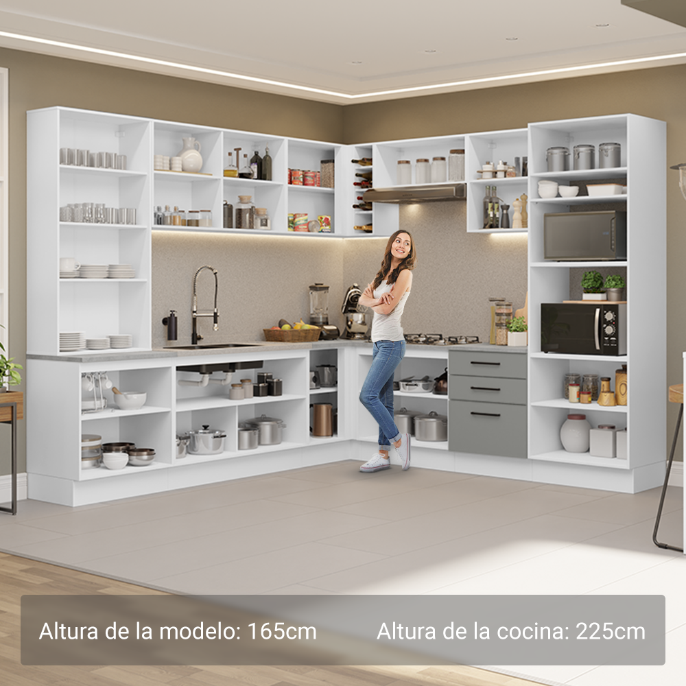Cocina Integral Esquinera 549cm Blanco/Gris Agata 01