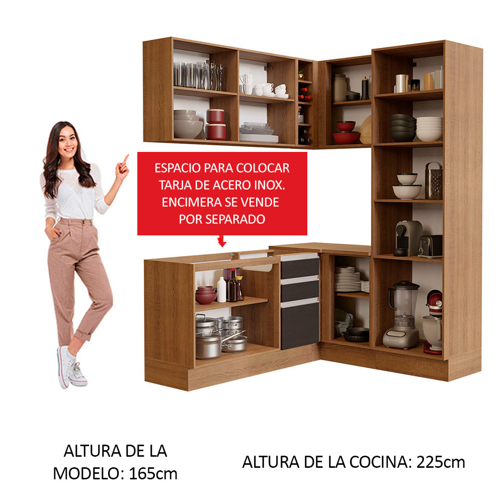 Cocina Integral Esquinera 329cm Marrón/Negro Glamy 01