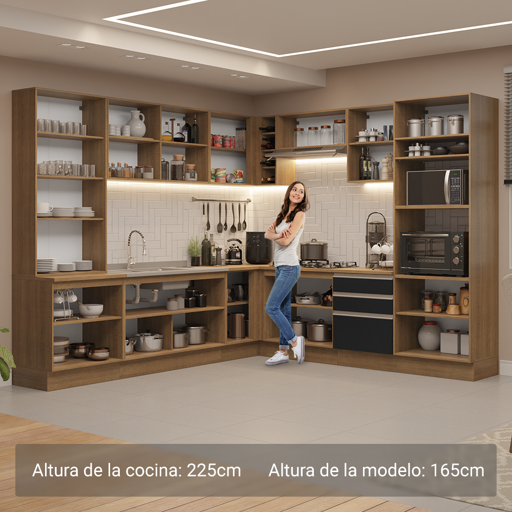 Cocina Integral Esquinera 549cm Marrón/Negro Glamy 01