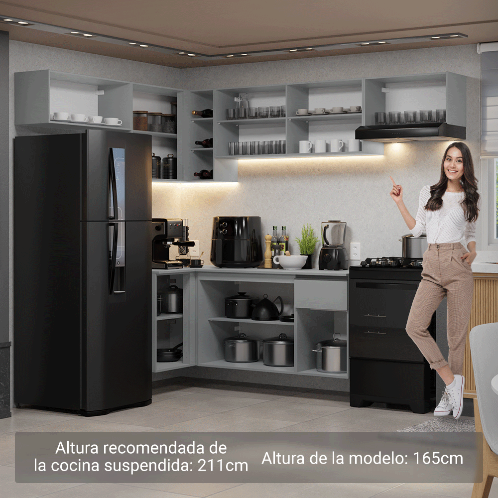 Cocina Integral Esquinera Flotante 405 x 52 cm 9 Puertas 1 Cajón Gris Nice Madesa 01
